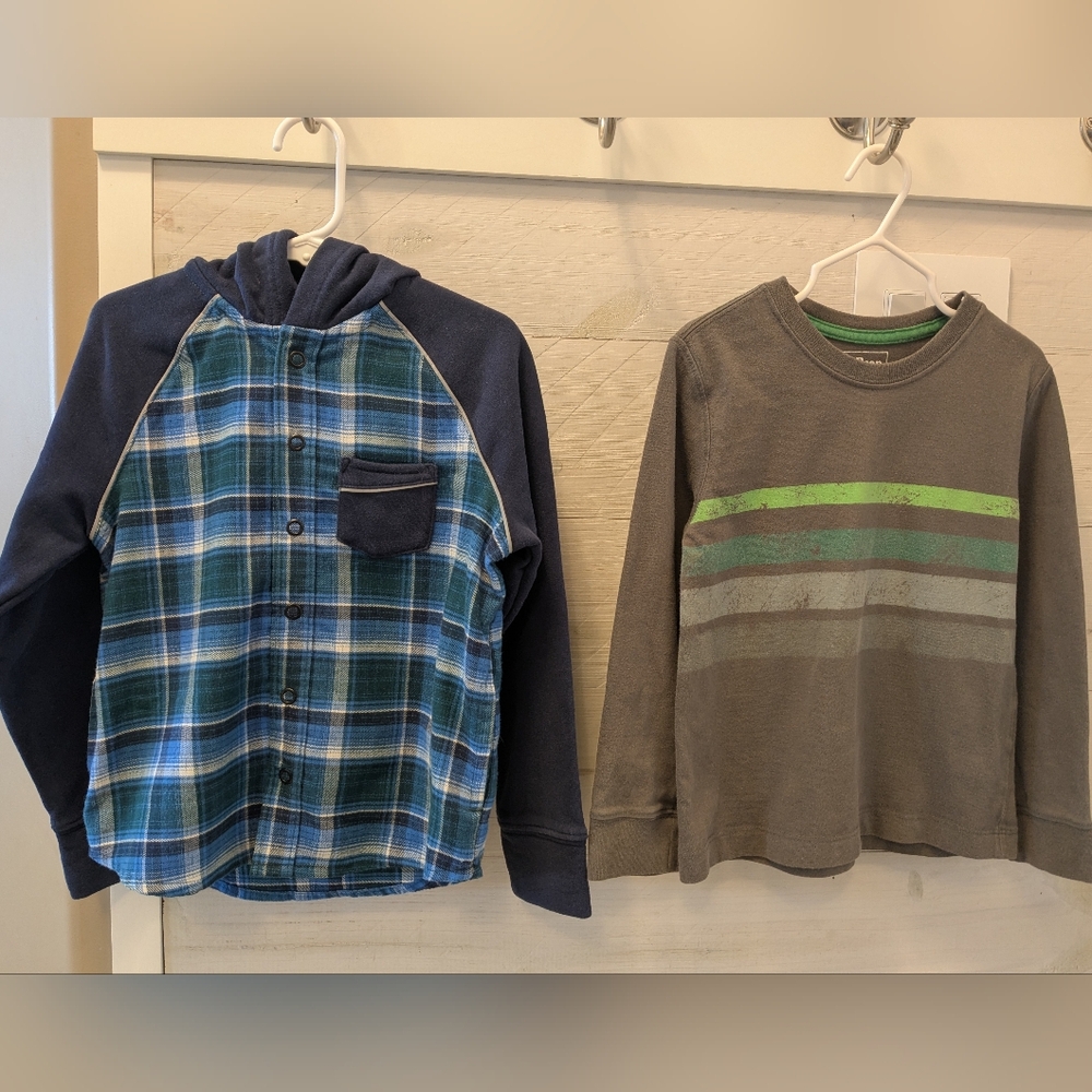 ✌🏻TWO L.L. Bean- Boys Sweatshirt Flannel W/ Hood & Long Sleeve T-shirt; Size: 4